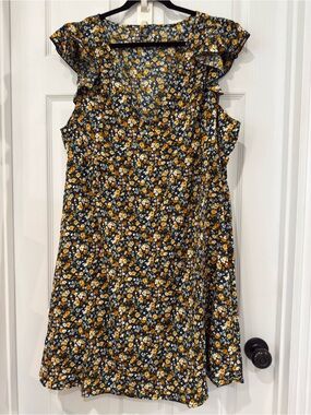 Floral Navy Blue and Mustard Yellow Dress NWOT